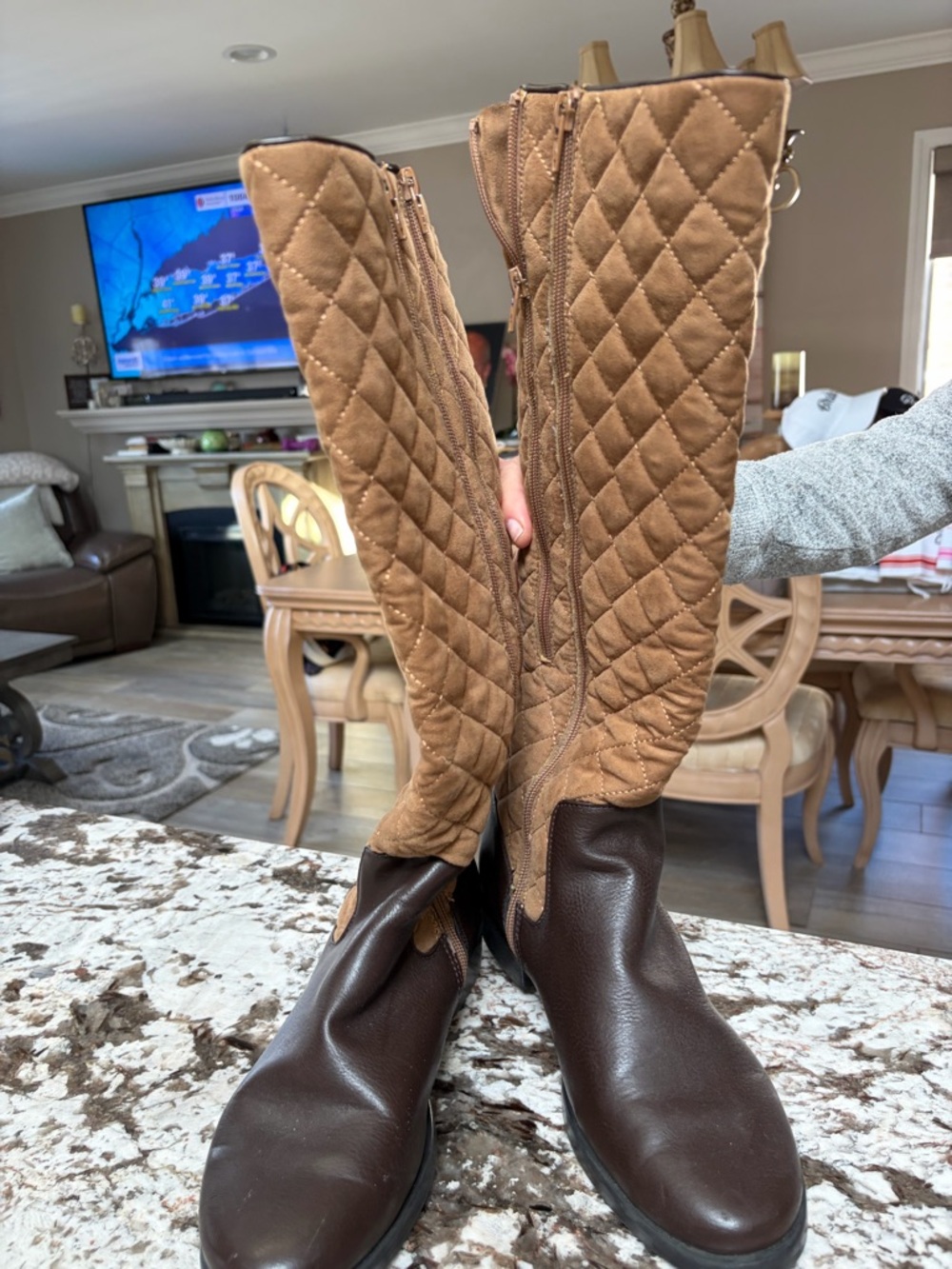 Quilted Tan and Dark Brown Knee-High Boots